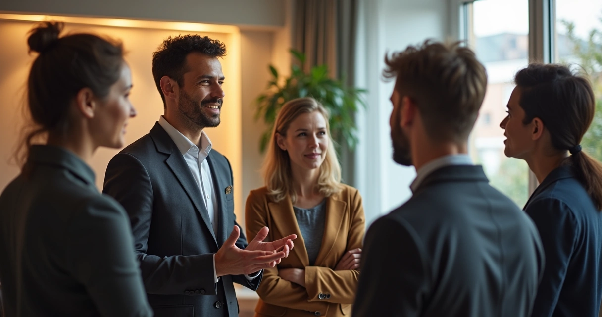 Team leader guiding group reflective exercise with team members standing in a circle, engaged and communicating. 