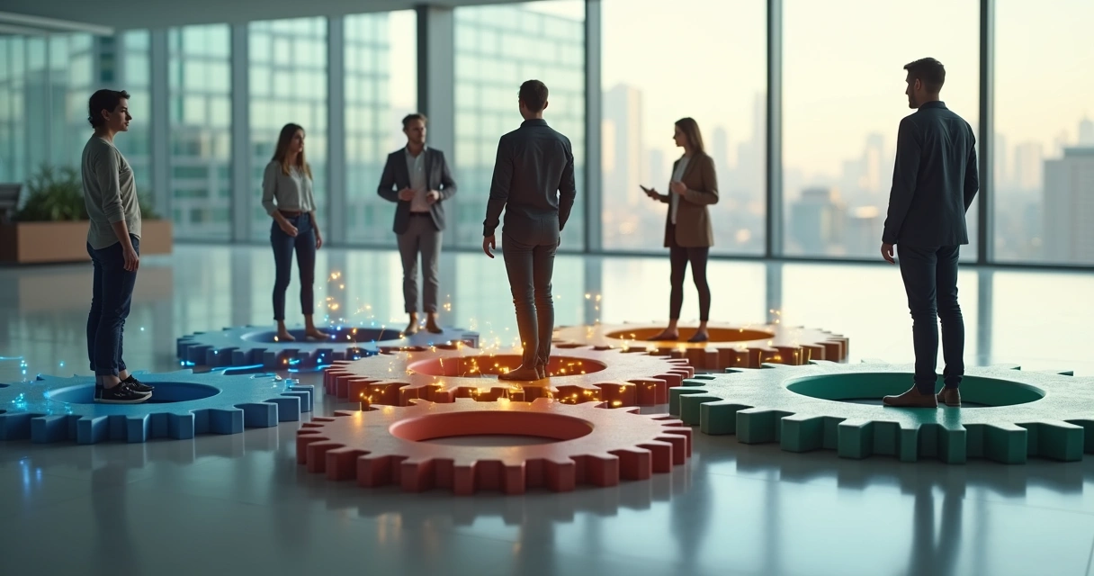 Team standing on interlocking platforms shaped like gears connected by flowing light paths 