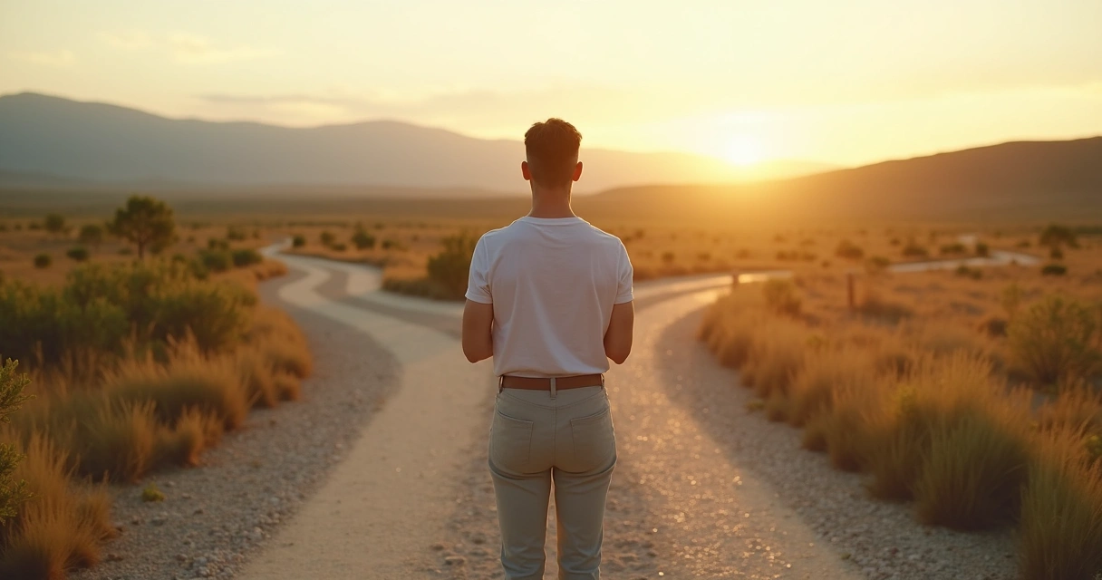 Person standing calmly on a path that splits into multiple directions 