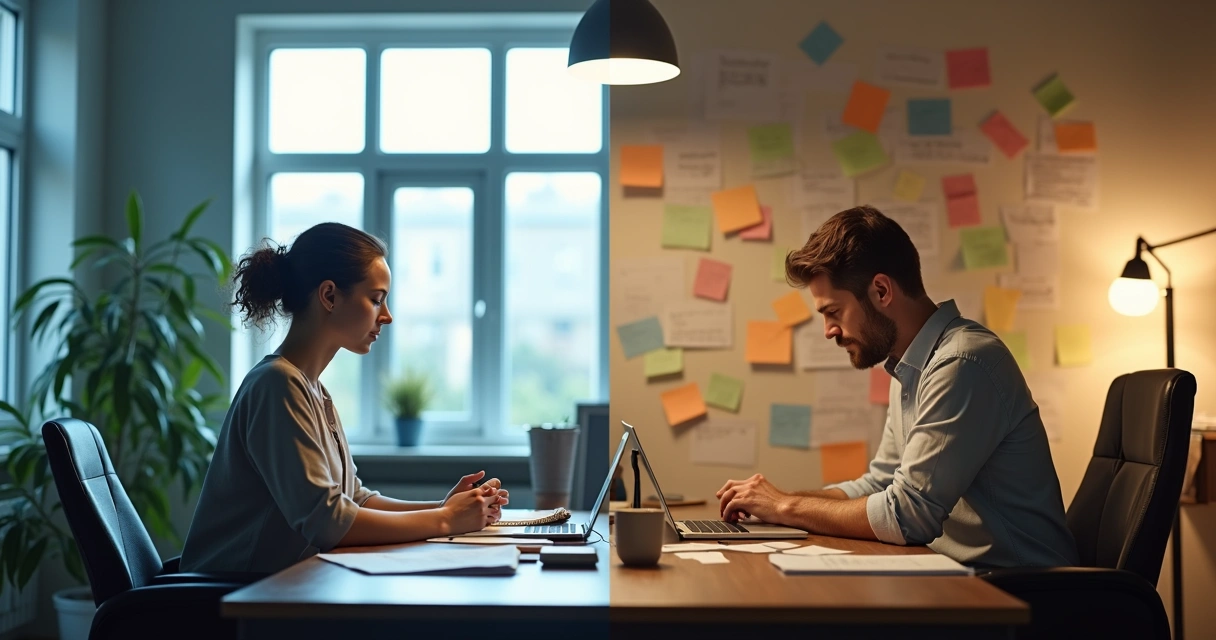 Split scene showing healthy growth on one side and burnout on the other 