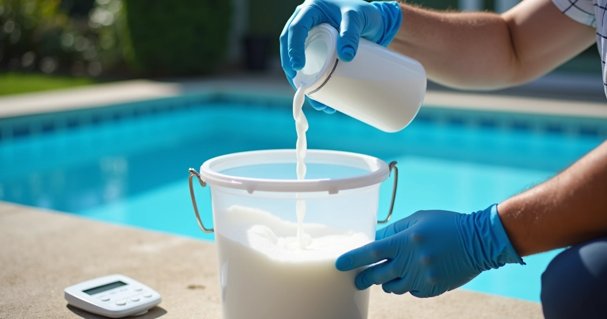 Measured pool chemical being mixed in a bucket 