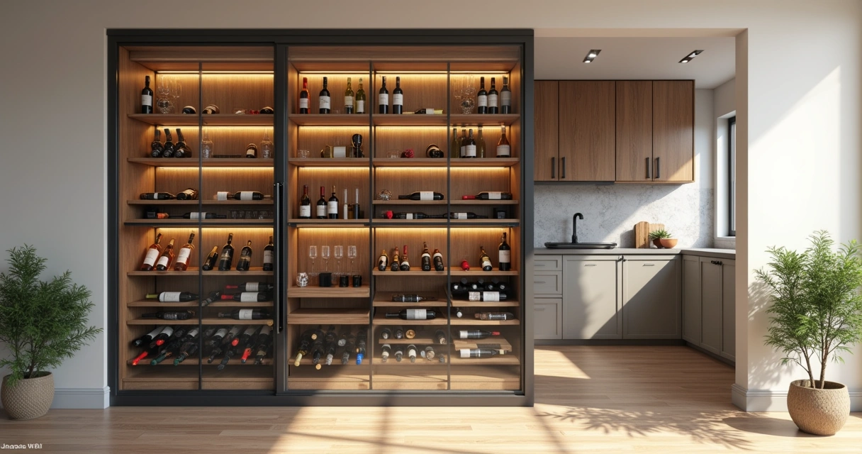 Adega moderna com garrafas de vinho organizadas por tipo 
