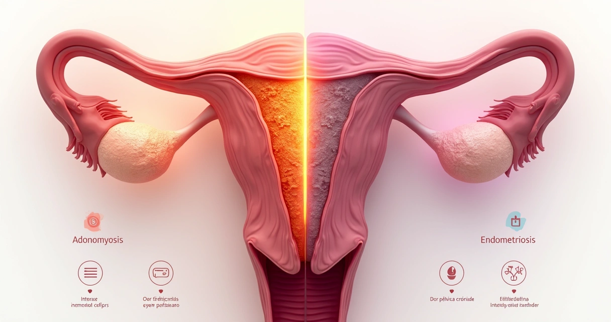 Ilustração médica comparando adenomiose e endometriose lado a lado 