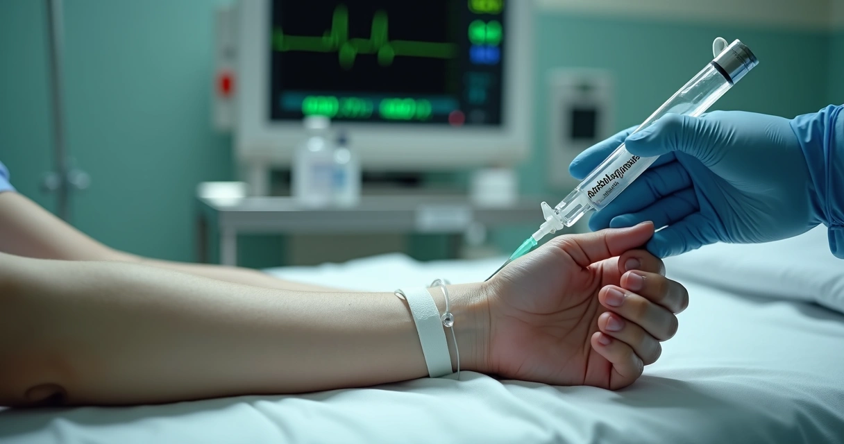 Médico aplicando adenosina em acesso venoso de membro superior 