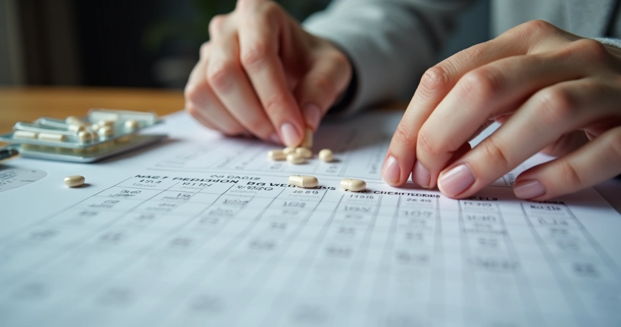 Pessoa organizando comprimidos e calendário de controle diário de PrEP
