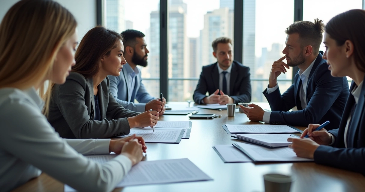 Pessoas participando de reunião de integração em empresa, com contratos de plano de saúde na mesa 