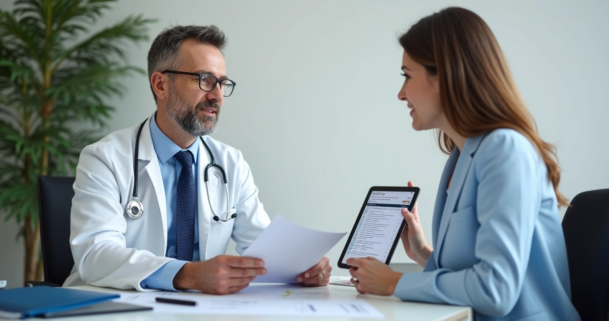 Médico sentado com consultor explicando a filiação à ANADEM, com documentos e tablet sobre a mesa 