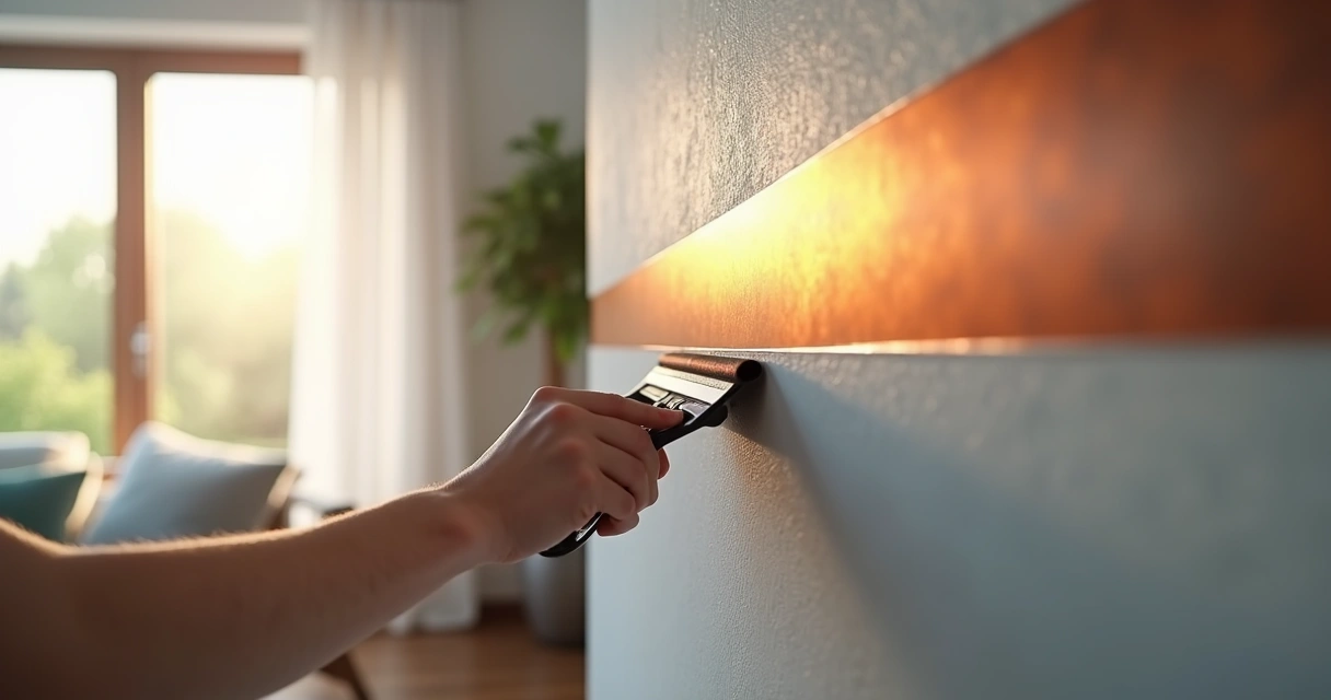 Adesivo metalizado sendo aplicado em parede decorativa 