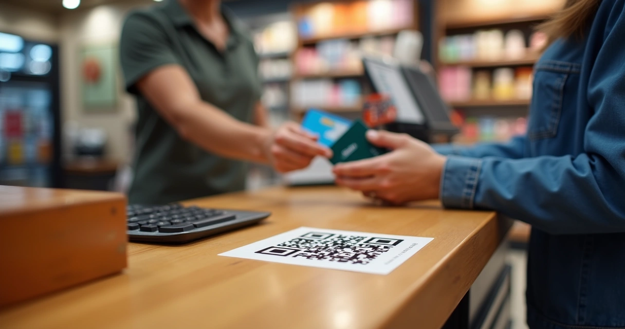 Adesivo QR Code em balcão de loja com cliente pagando 