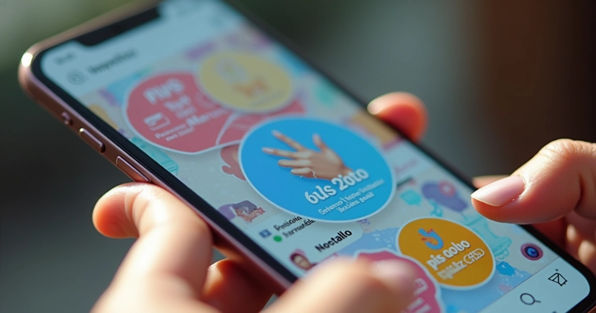 Tela de celular exibindo Stories com adesivos interativos 