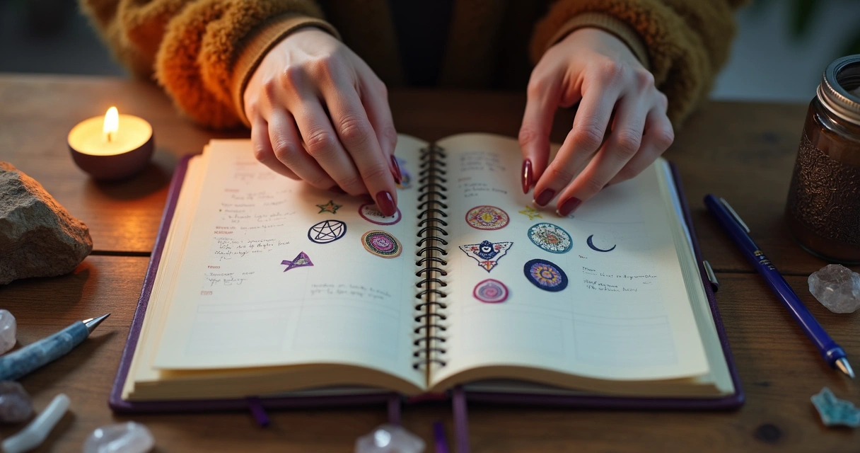 Mãos femininas colando adesivos esotéricos em uma agenda decorada 