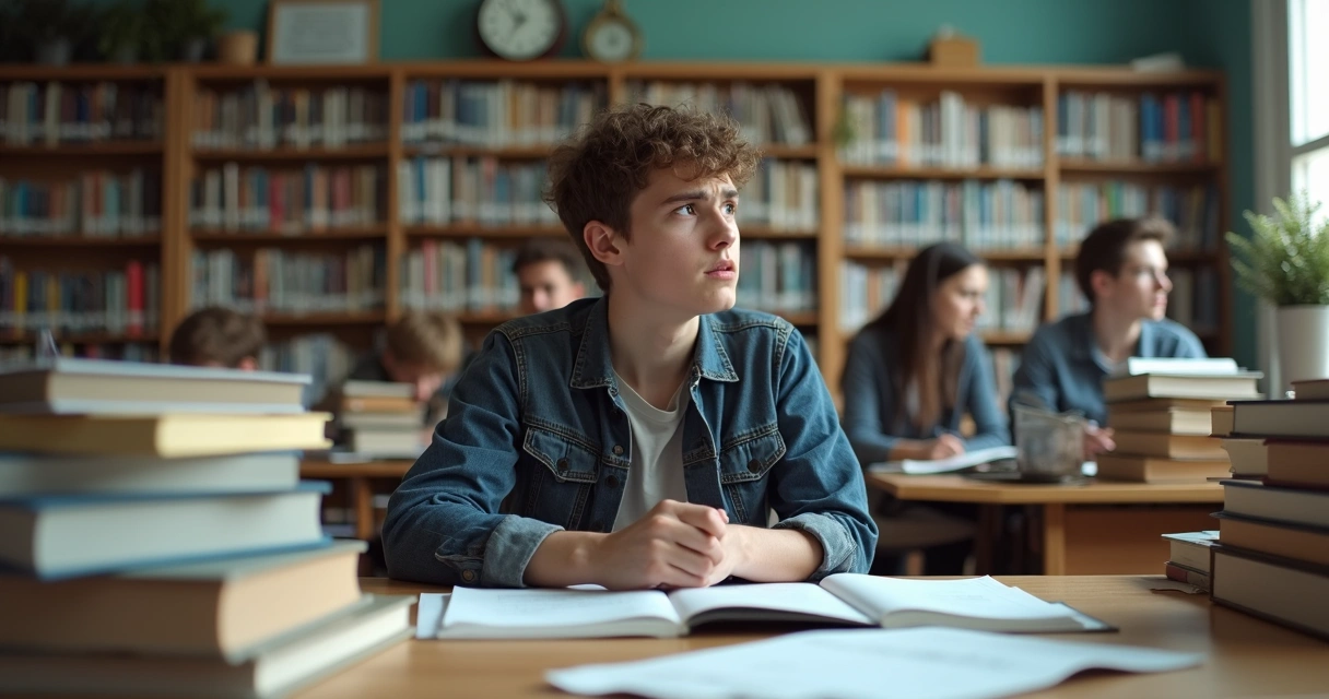 Estudante sentado em biblioteca olhando para livros empilhados