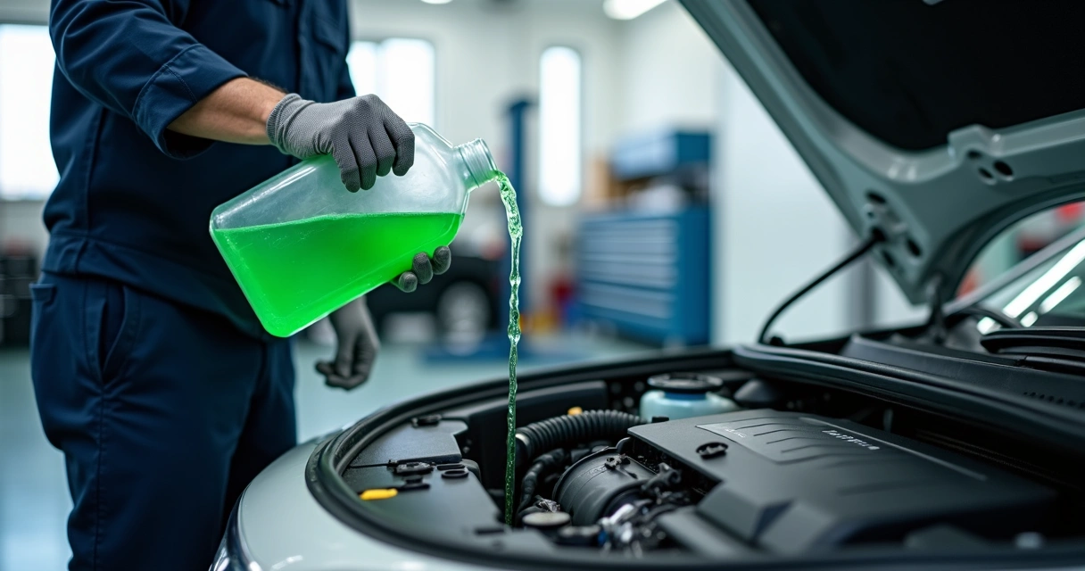 Mecânico verificando aditivo no reservatório do radiador de um carro aberto na oficina 