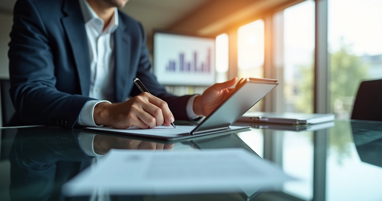 Profissional assinando aditivo digital no tablet em ambiente corporativo 