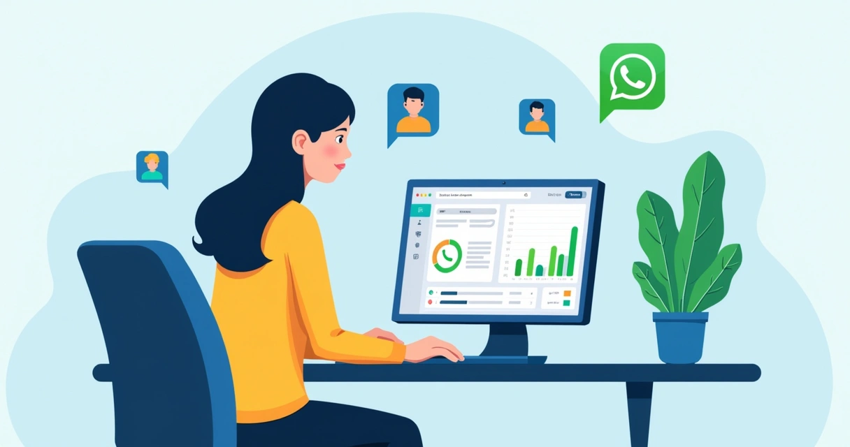Administrador usando painel do MGM em notebook controlando vários grupos de WhatsApp 