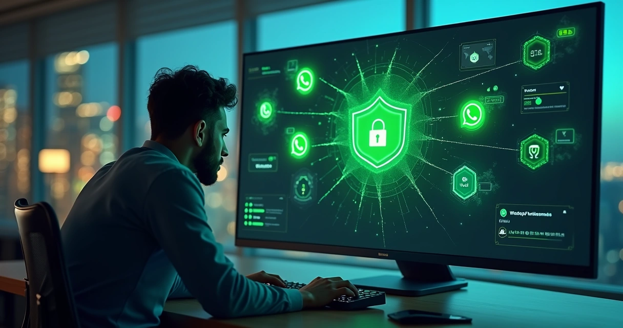Administrador protegendo grupos grandes do WhatsApp em painel com cadeado digital 