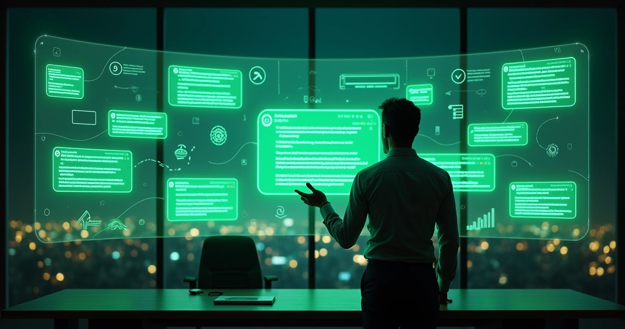 Administrador de grupo controlando vários chats do WhatsApp em painel holográfico 