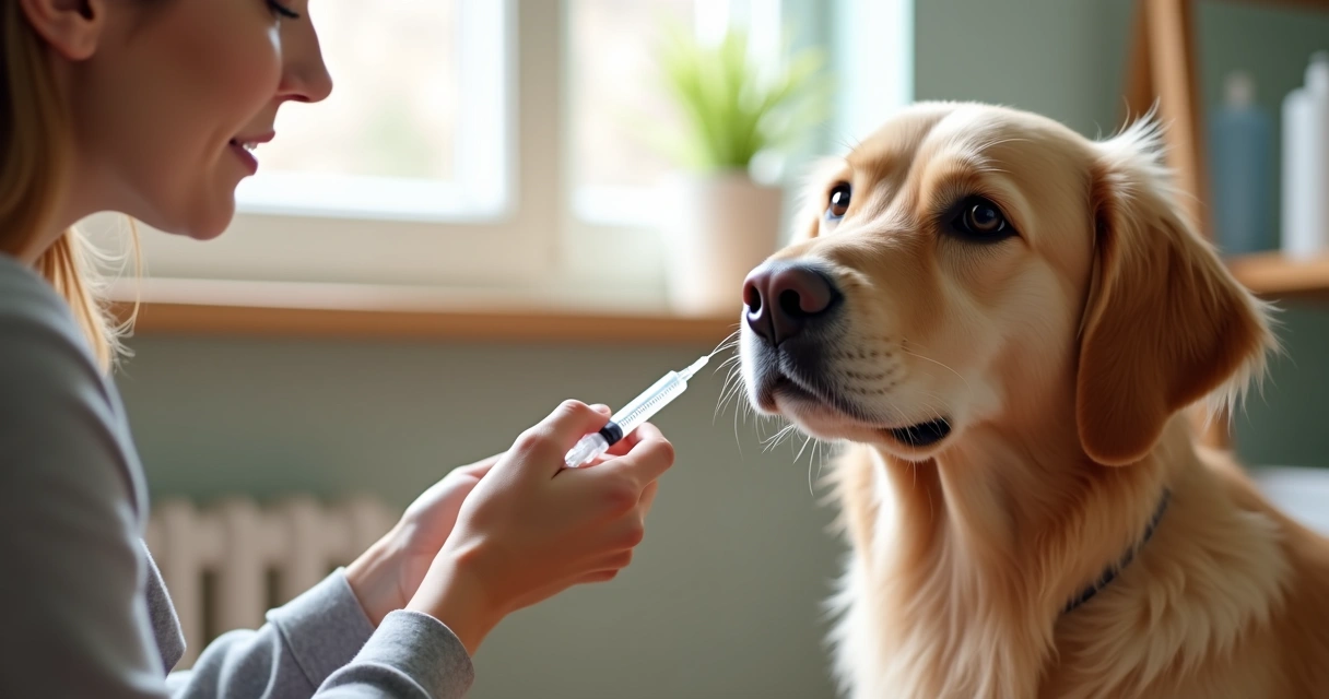 Person giving oral medication to a calm dog indoors 