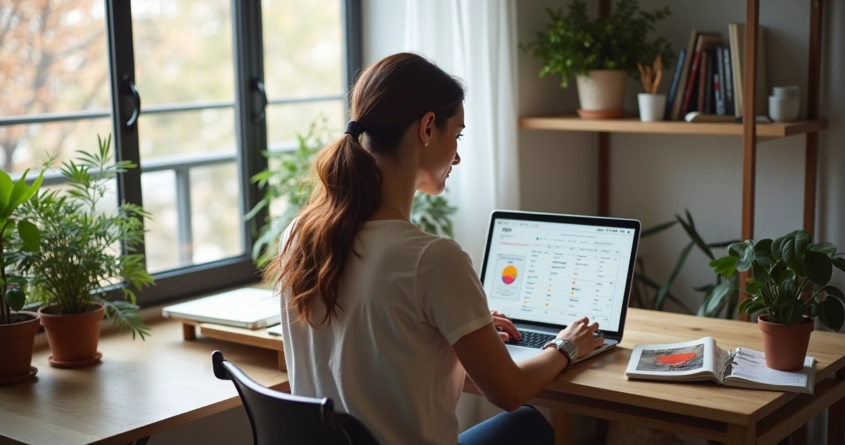 Pessoa gerenciando anúncios de imóveis em notebook com gráficos e calendários na tela 