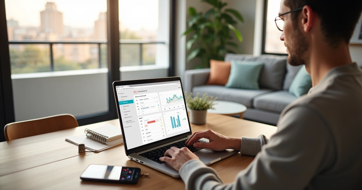 Proprietário gerenciando aluguel por temporada no notebook em um apartamento moderno 