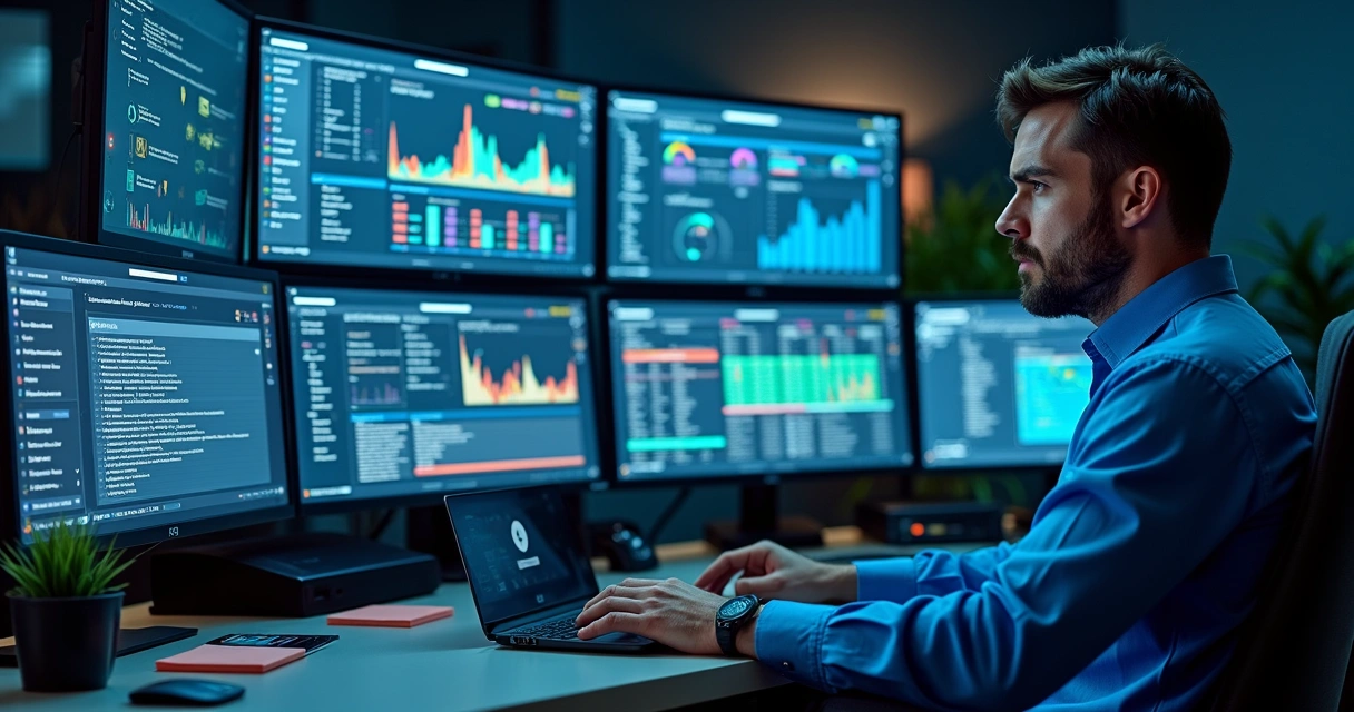 IT professional monitoring backup dashboards across multiple screens 