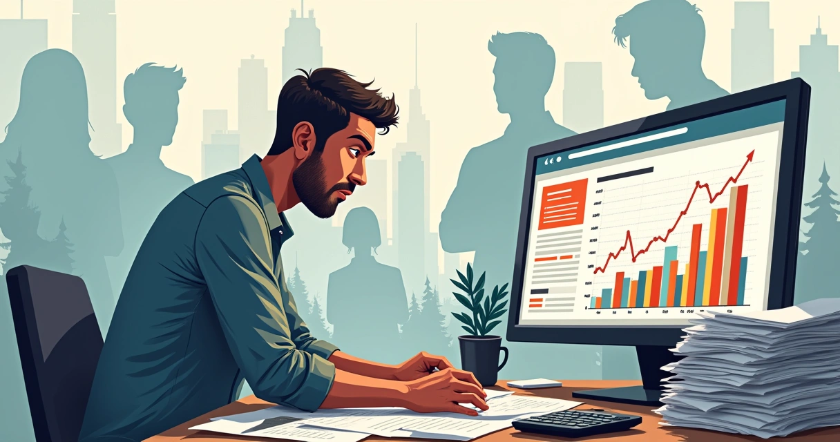 Gestor frustrado cercado por planilhas desorganizadas e gráficos errôneos em tela de computador.