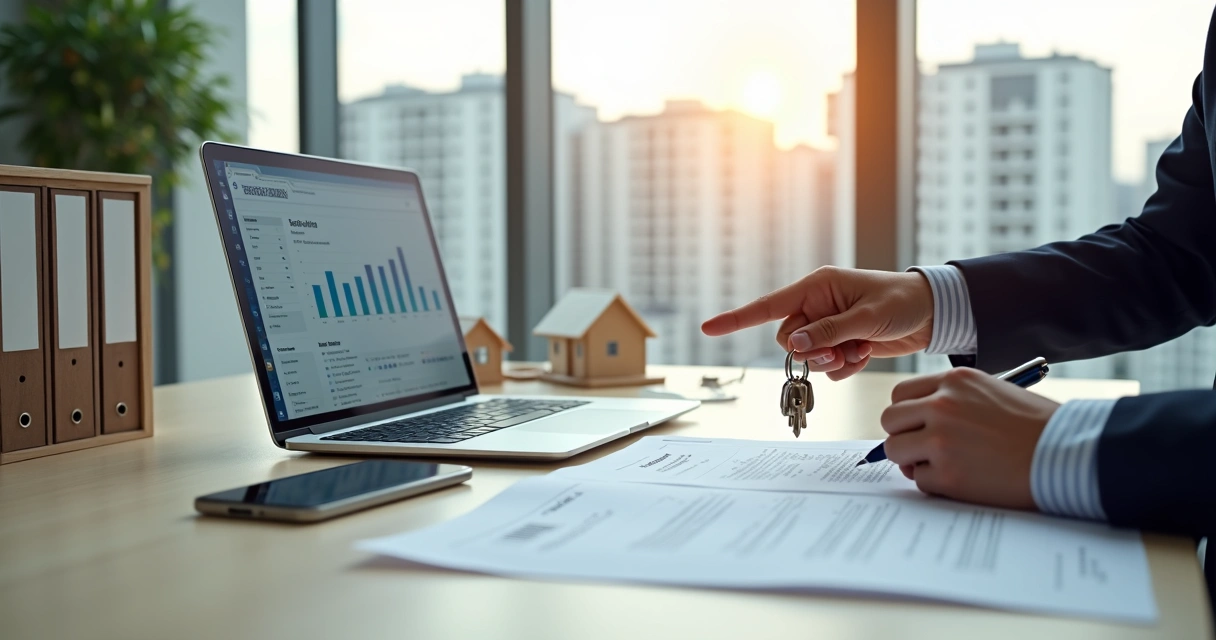 Corretor administrando imóveis em escritório com contrato e laptop 