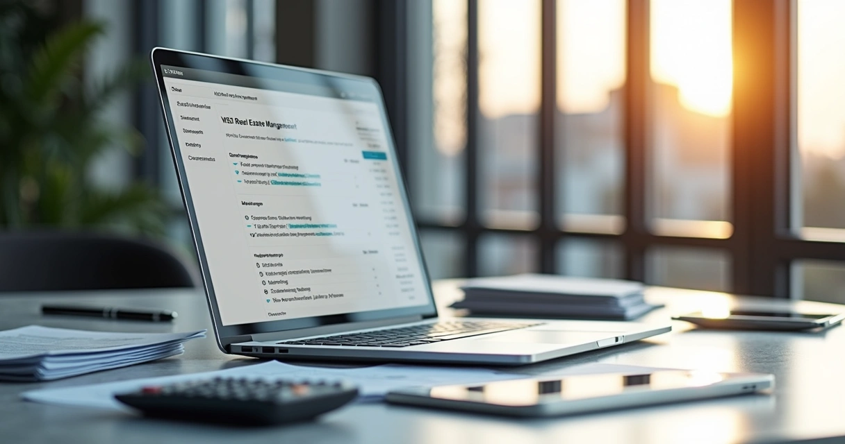 Mesa de escritório com laptop aberto mostrando software de gestão imobiliária, perto de contratos e calculadora, luz natural entrando pela janela 