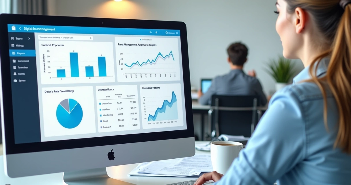 Tela de computador mostrando software de gestão de imóveis e boletos 