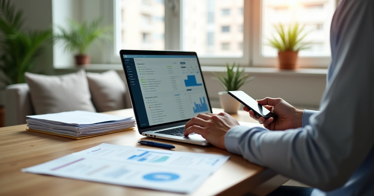 Proprietário analisando contrato de aluguel e gestão de imóvel no notebook 