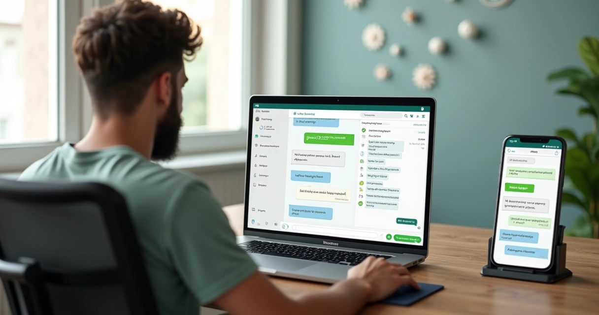 Administrador gerenciando comandos em painel de grupo do WhatsApp no computador e celular 