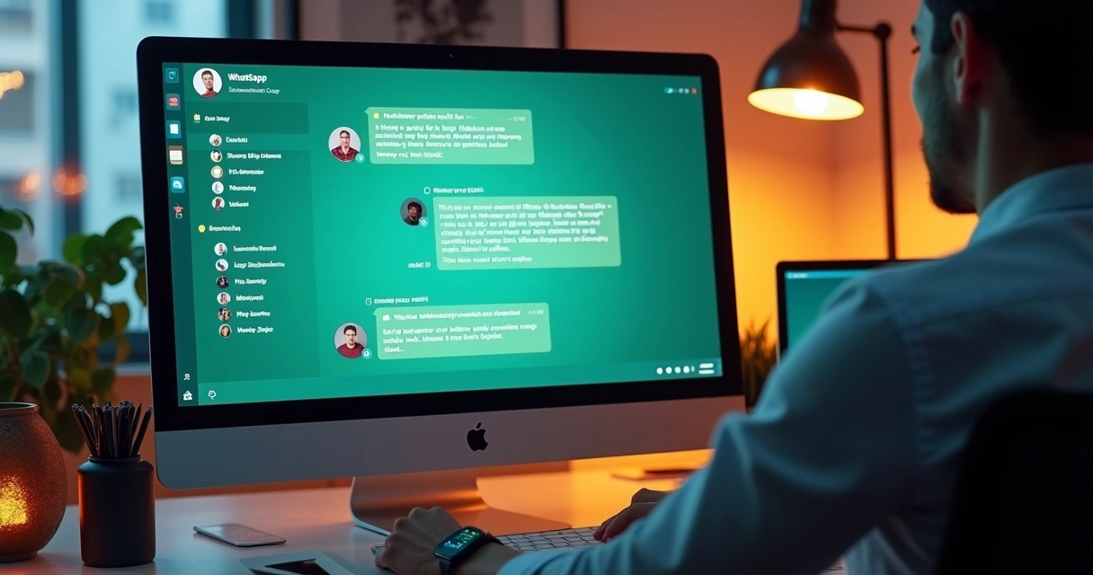 Pessoa usando computador para gerenciar mensagens em grupo WhatsApp