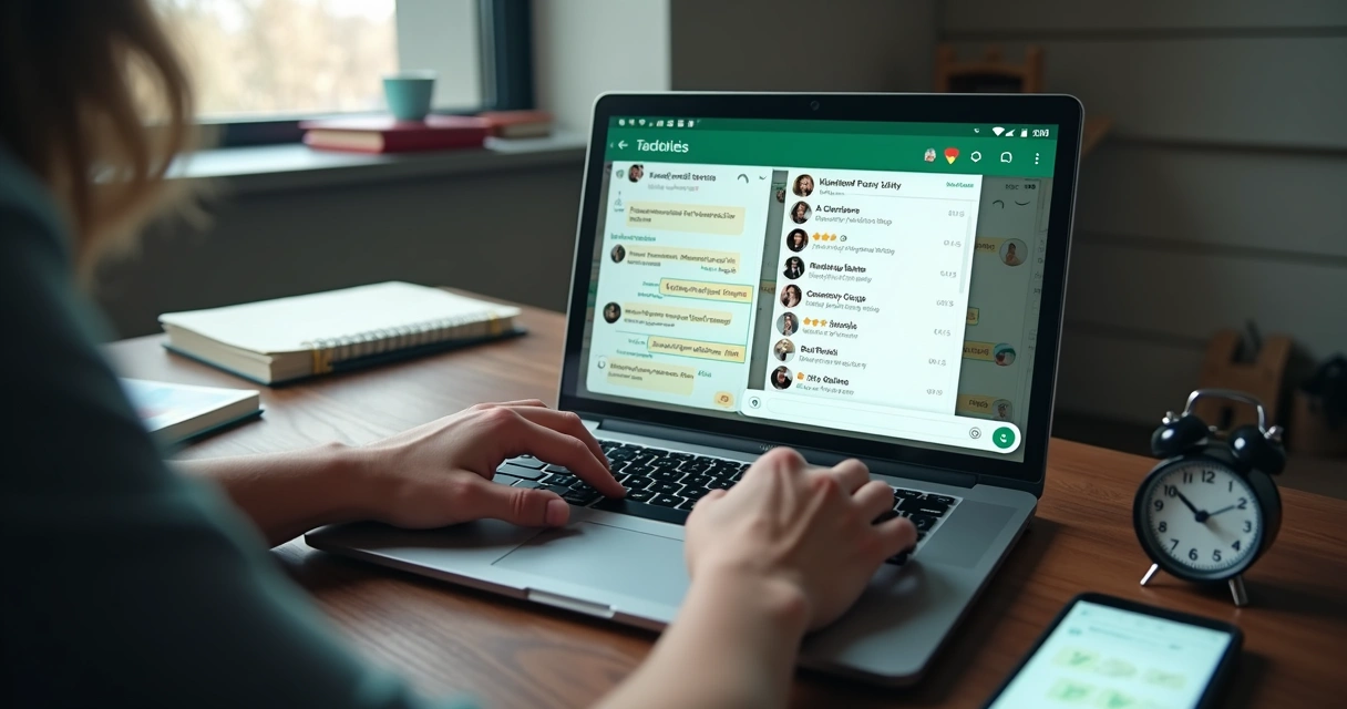 Pessoa usando laptop ao lado de tela com grupo do WhatsApp aberto 
