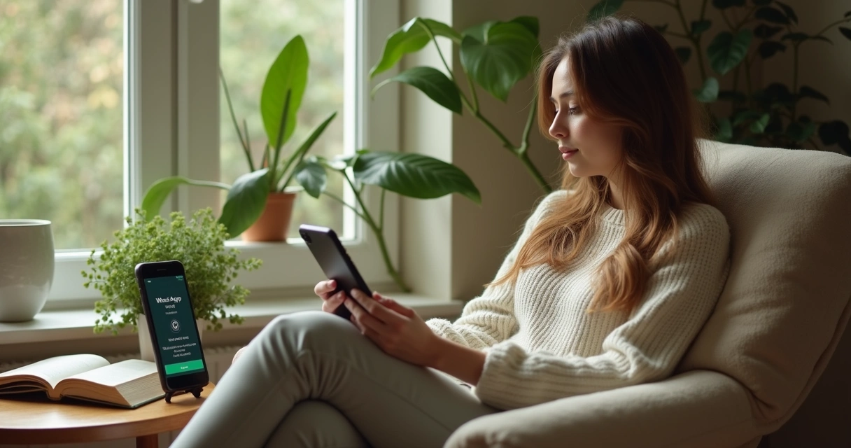 Administrador de grupo do WhatsApp relaxando em uma cadeira ao lado do celular mostrando notificações