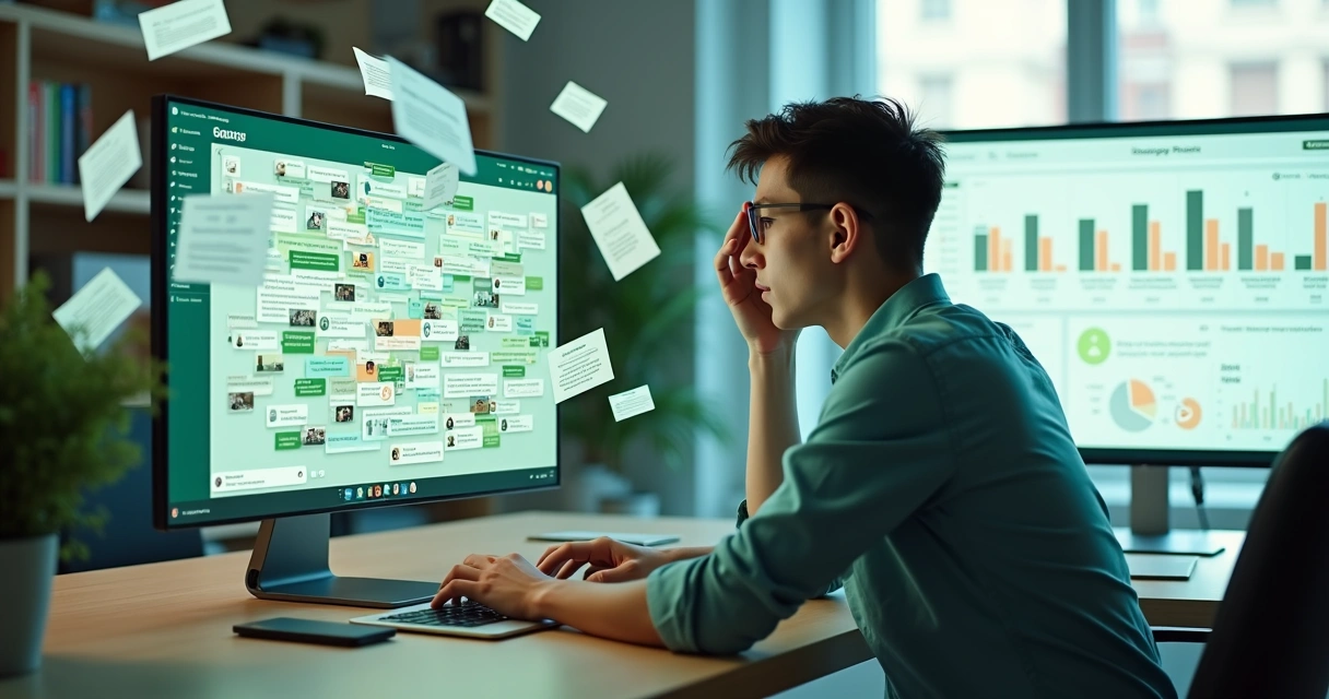 Administrador olhando preocupado para tela cheia de mensagens no WhatsApp 