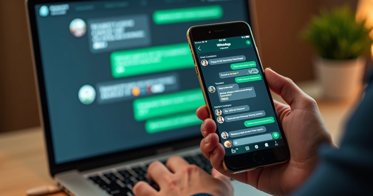 Pessoa verificando notificações do grupo do WhatsApp em um notebook e celular.