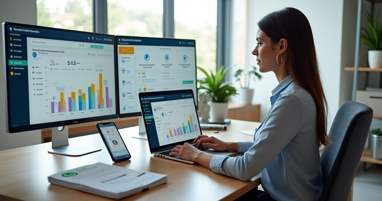 Gestora de pequena administradora de imóveis usando sistema de gestão em notebook 