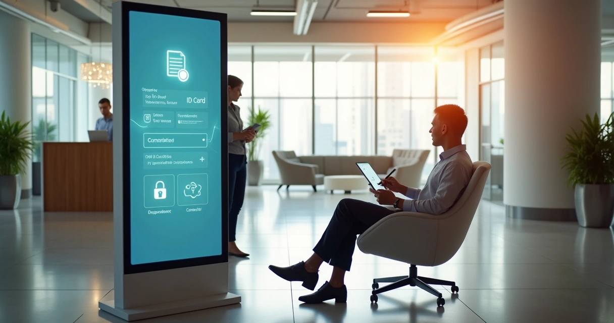 RH e novo colaborador realizando admissão digital em tablet em ambiente moderno 