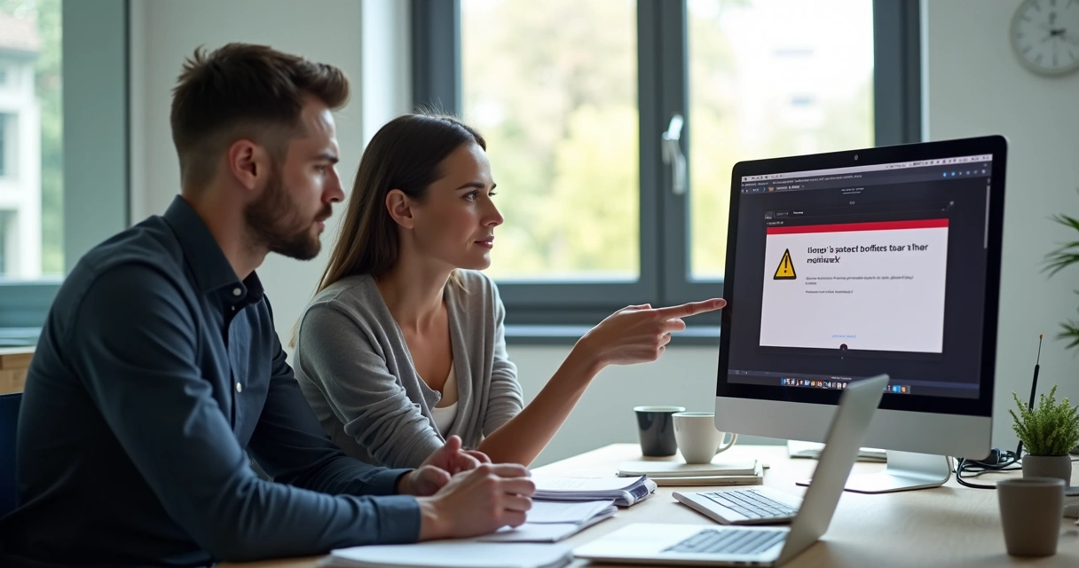 Colleague in office pointing at a computer screen, appearing apologetic to another coworker 