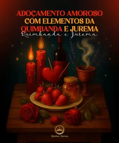 Mesa com morangos, velas vermelhas, rosas e elementos de quimbanda para adoçamento amoroso