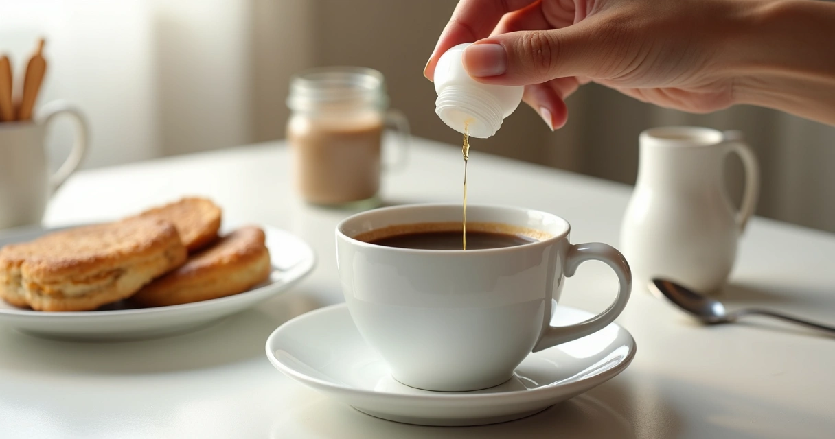 Adoçante em gotas sendo usado no café