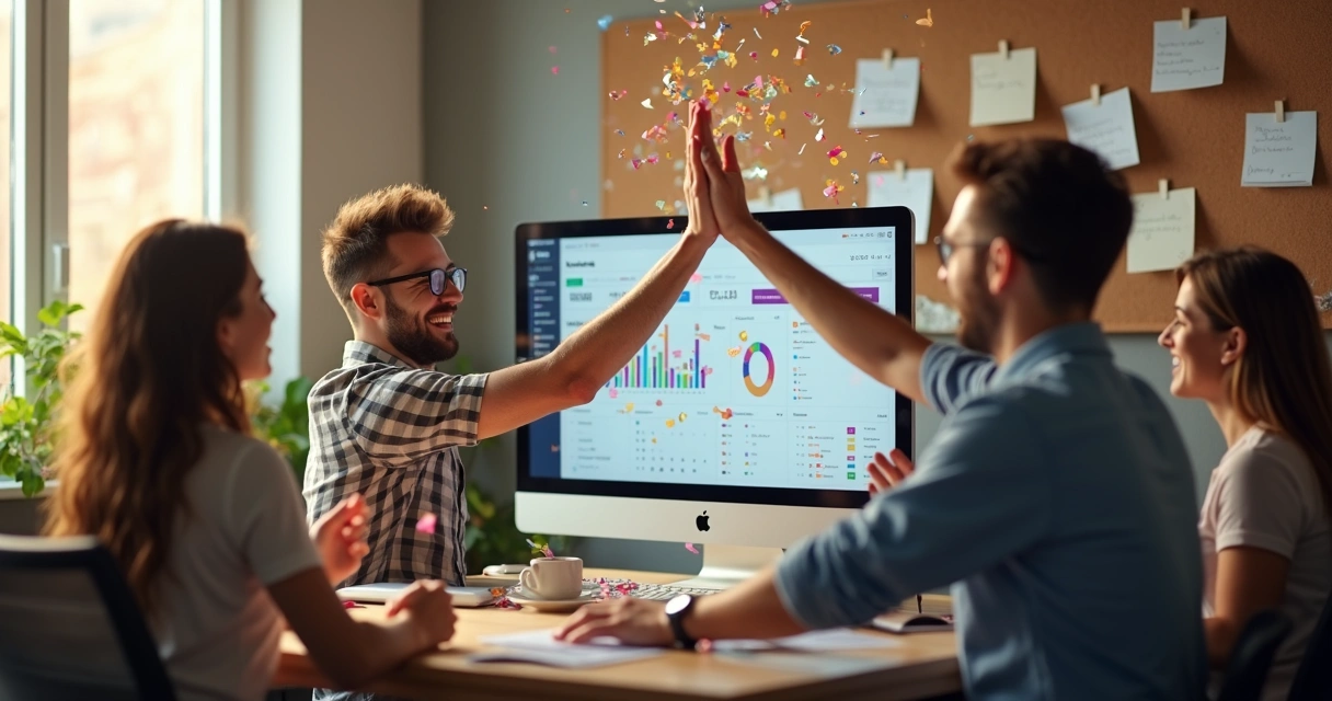 Equipe pequena feliz após adoção de CRM simples 