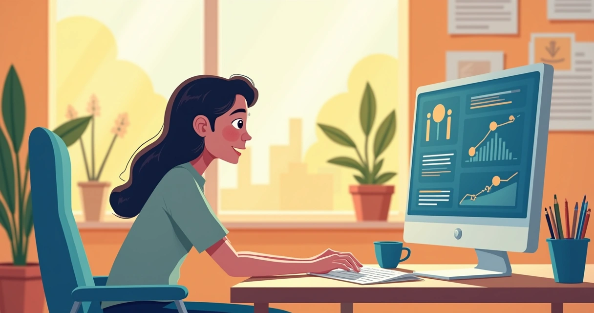 Funcionário testando aplicação de IA no computador em escritório pequeno 