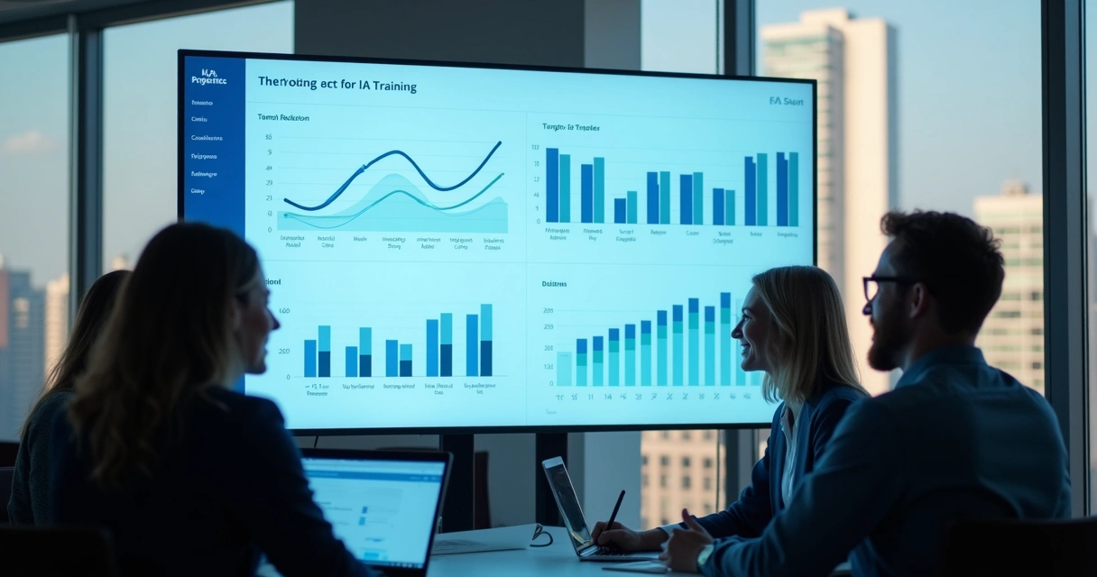Dashboard digital mostrando gráficos de aceleração de adaptação à IA 