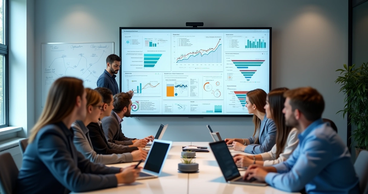 Equipe de vendas analisando gráficos de desempenho em sala de reunião 