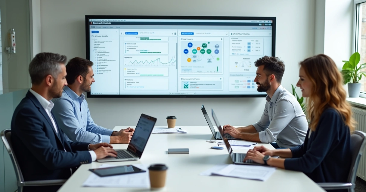 Equipe de contabilidade reunida implementando plataforma no-code no escritório