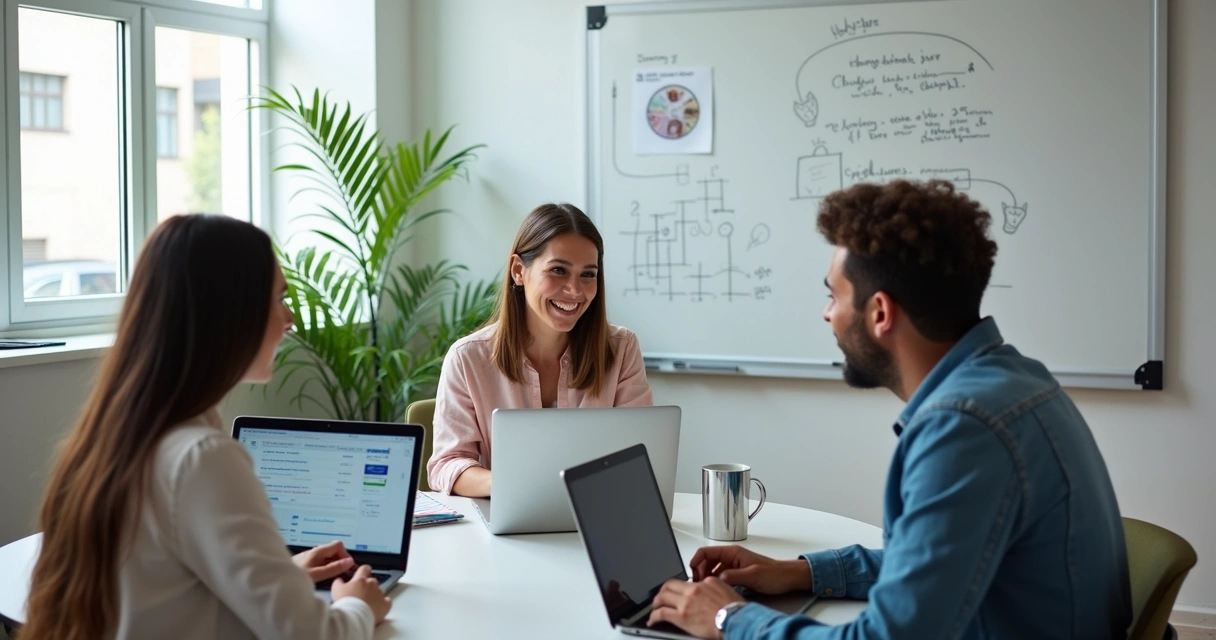 Pequena equipe testando novo software de helpdesk juntos 