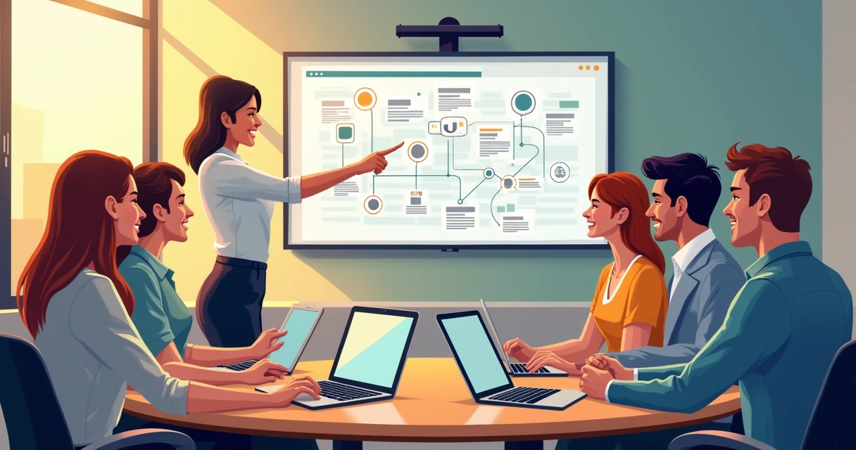 Profissionais em reunião entusiasmados discutindo software no escritório 