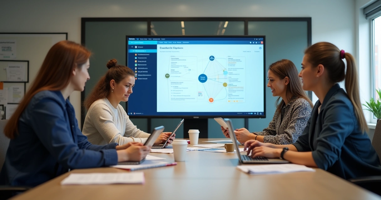 Equipe escolar reunida adotando nova tecnologia com tablets 