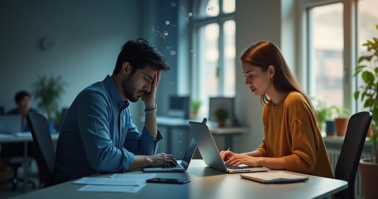 Pessoa em frente ao computador com silhueta dividida entre exaustão e foco no trabalho 
